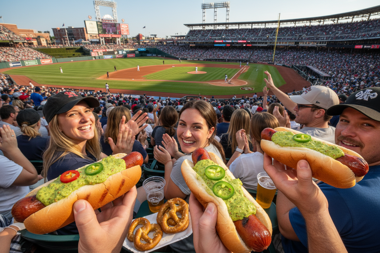 Ballgame with Jalapeño Cilantro Mustard Hot Dogs