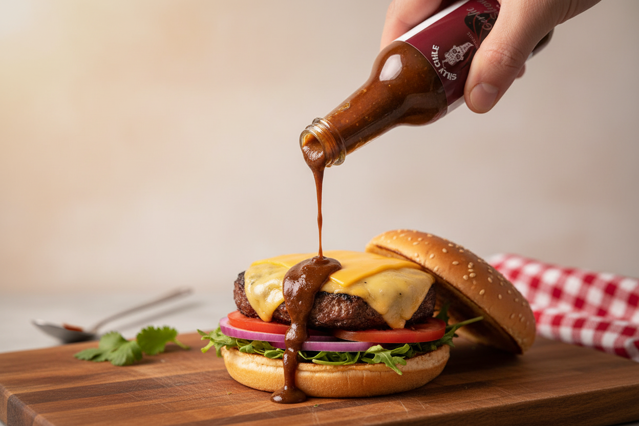 Black Garlic Smoke Show sauce on open-face burger