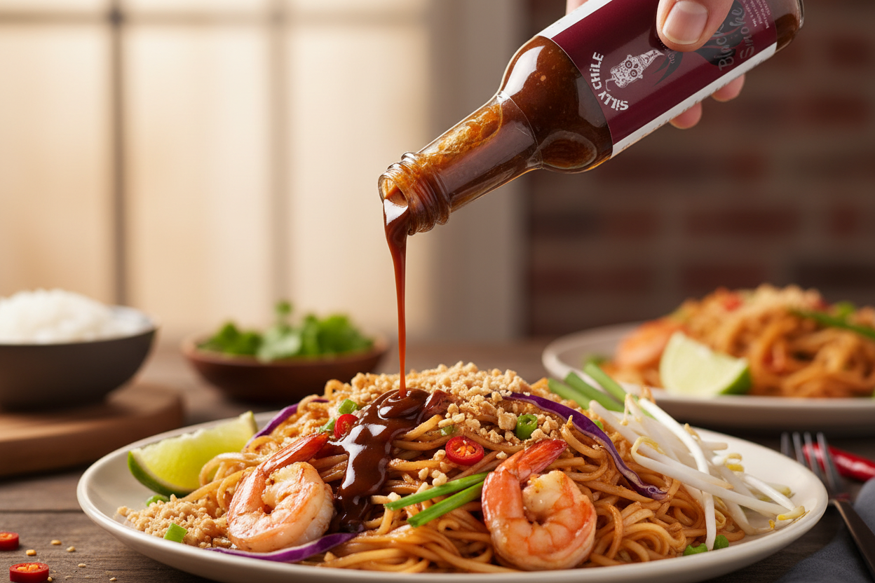 Black Garlic Smoke Show sauce pouring over Thai food