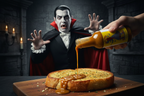 Dracula recoiling from Vampire Repellant on garlic bread