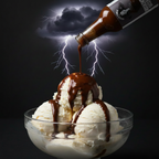 Ice cream with Chocolate Thunder sauce - no lid, lighter sauce