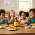 Kids eating chicken nuggets with Bougie Sauce