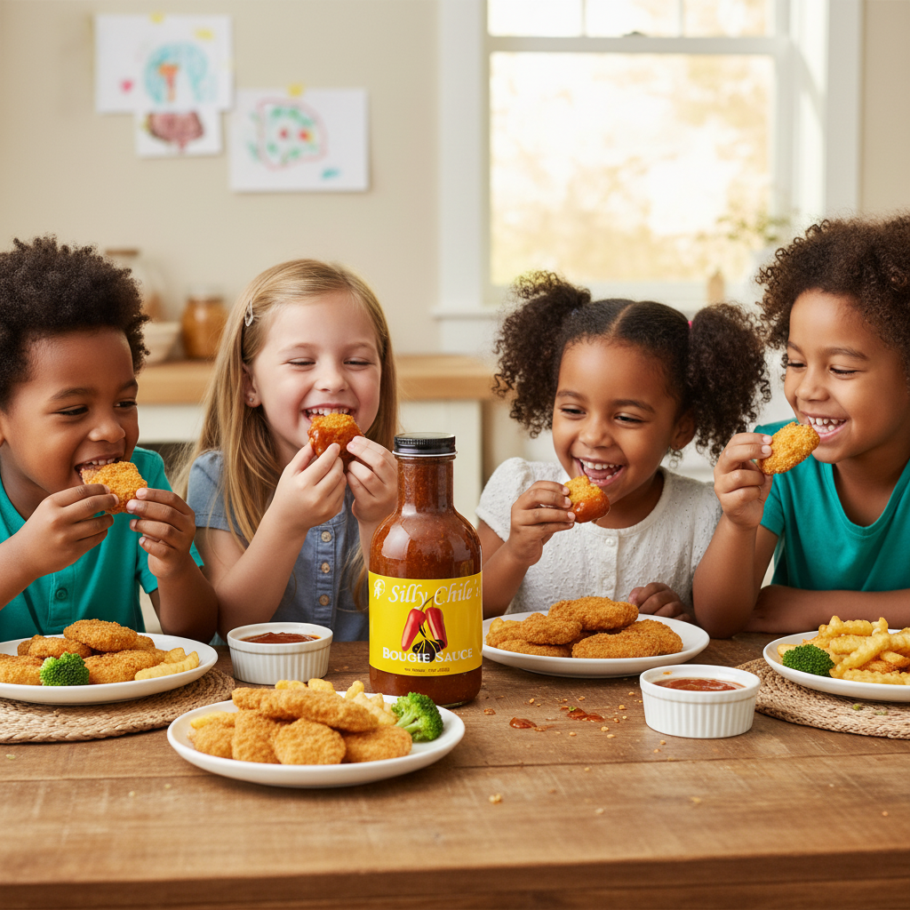 Kids eating chicken nuggets with Bougie Sauce