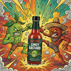 Lime and pepper fighting with Limey Bastard bottle prominently featured
