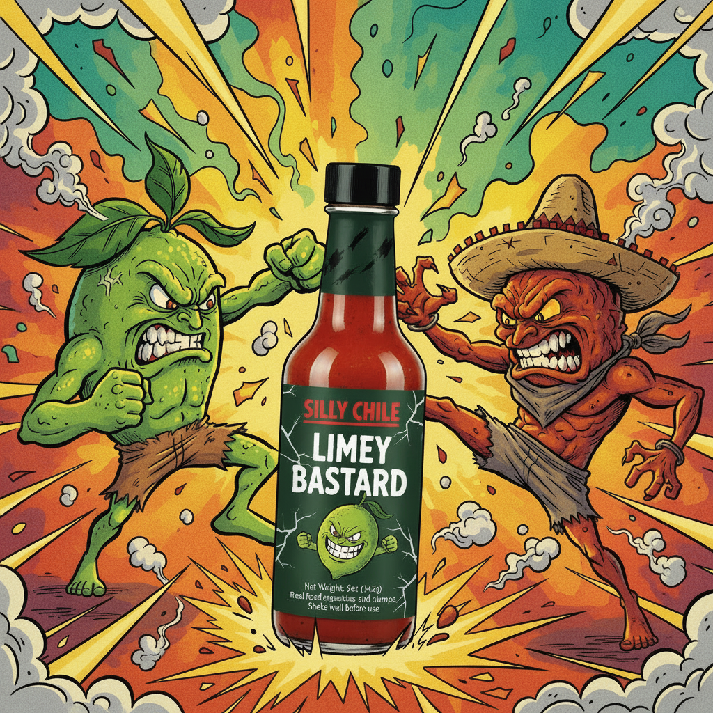 Lime and pepper fighting with Limey Bastard bottle prominently featured