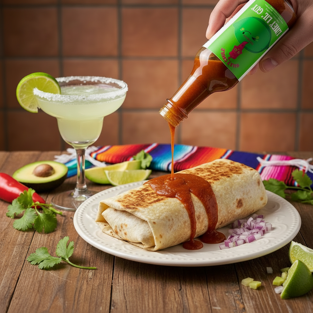 Limey Lil' Guy on burrito with margarita - no lid