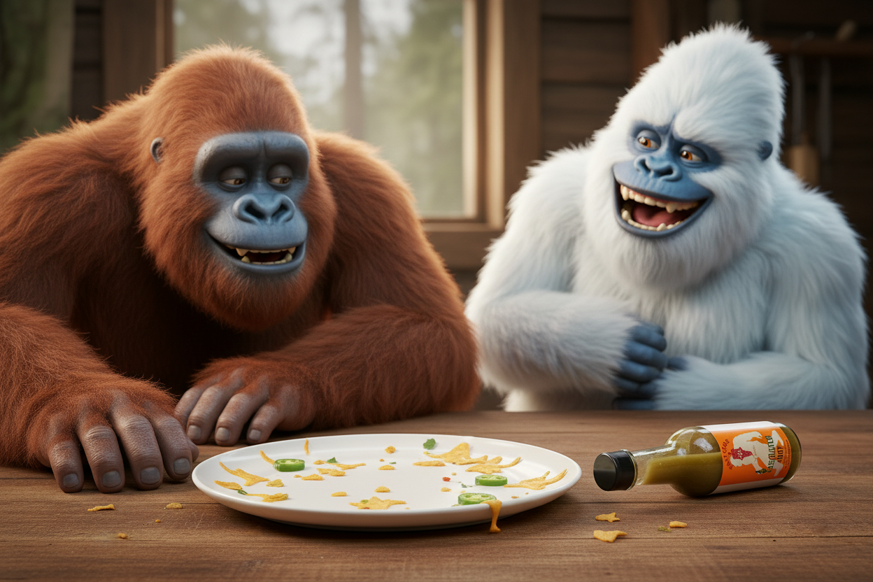 Sasquatch and Yeti After Nachos - Happy Yeti
