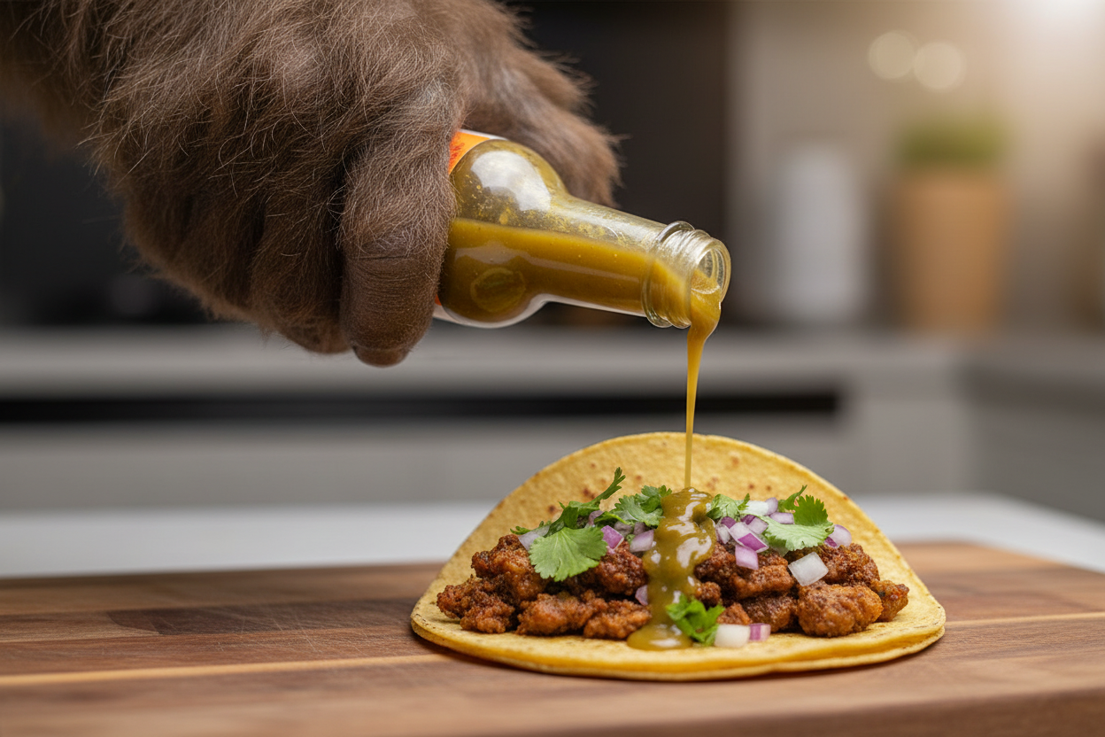 Sasquatch hand pouring Sasquatch Snot on taco