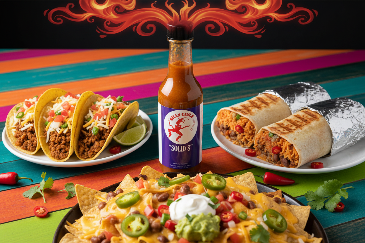 Solid 8 Hot Sauce with Mexican Food