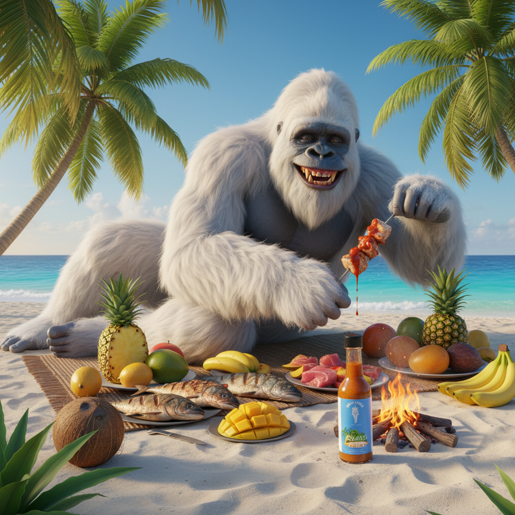 Yeti on a deserted island with feast and Island Fever