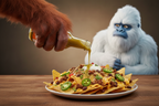 Yeti questioning sasquatch pouring Sasquatch Snot on nachos