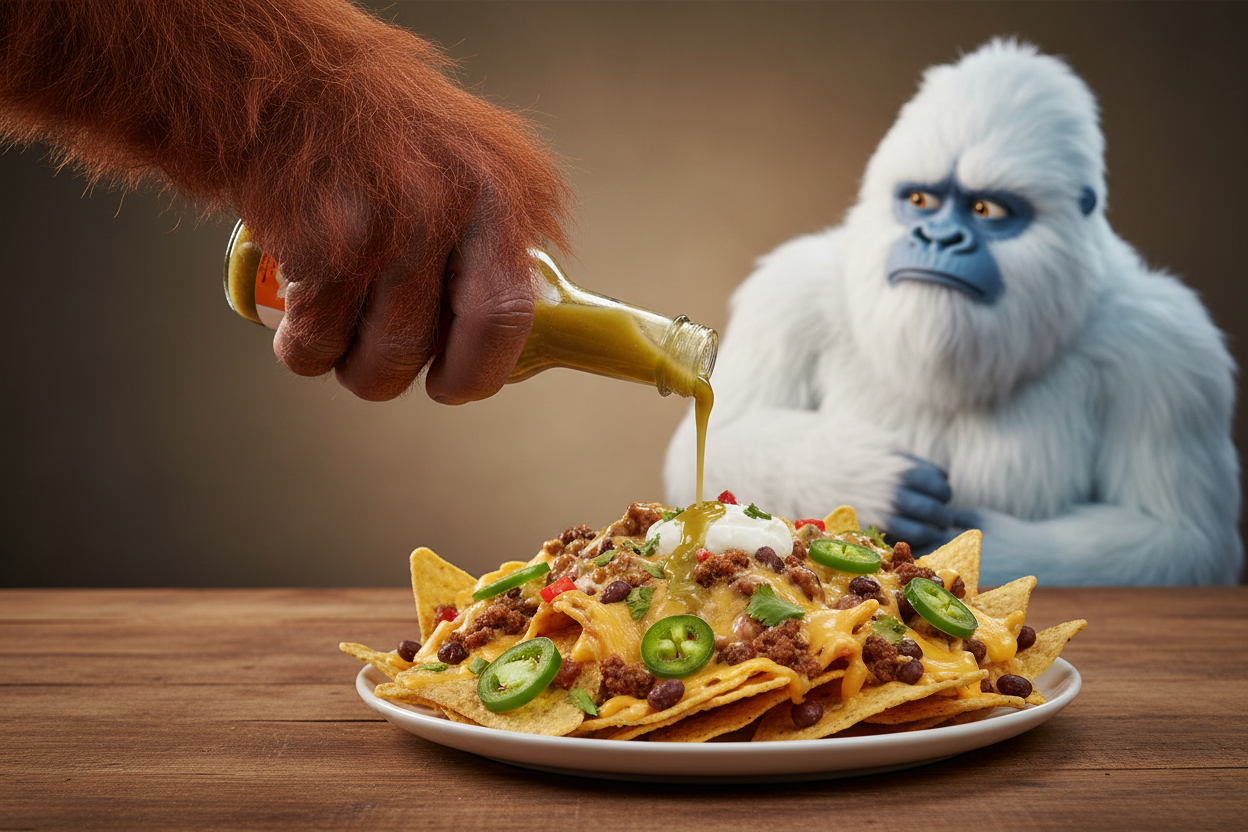 Yeti questioning sasquatch pouring Sasquatch Snot on nachos